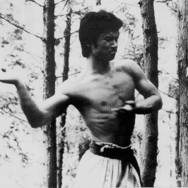 Togashi Yoshimoto, fondateur du Mumonkaï karate, frappant du tranchant de la main sur les arbres durant sa retraite en montagne dans les années 70